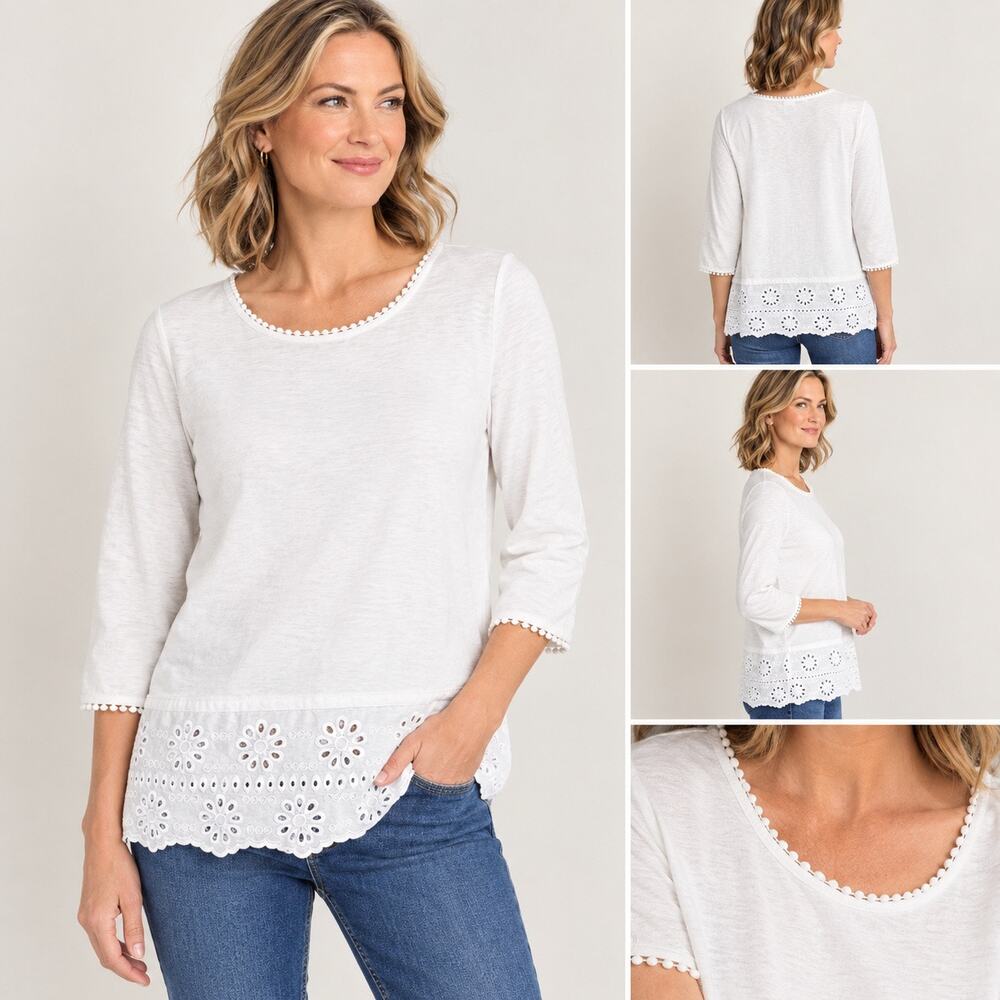 Boden Womens Top Size 6 100% Cotton White Floral Eyelet Embroidered Pom Pom Trim